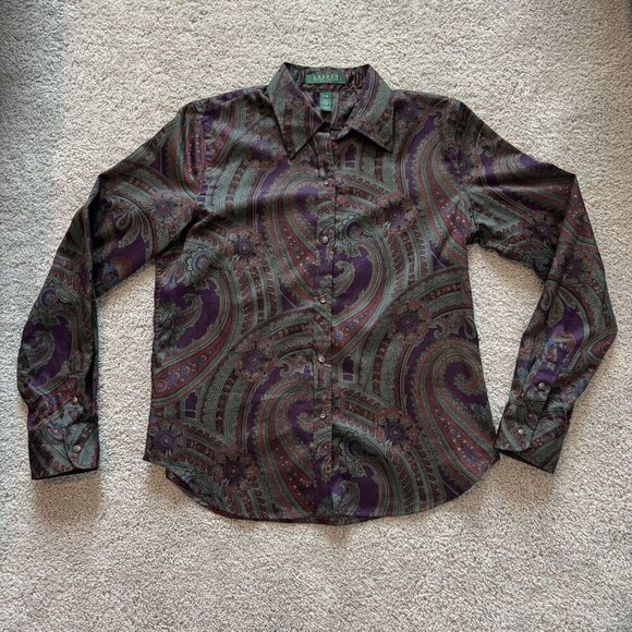 Lauren Ralph Lauren Button Up Blouse Paisley Old Money Purple Business P/M - Picture 1 of 8